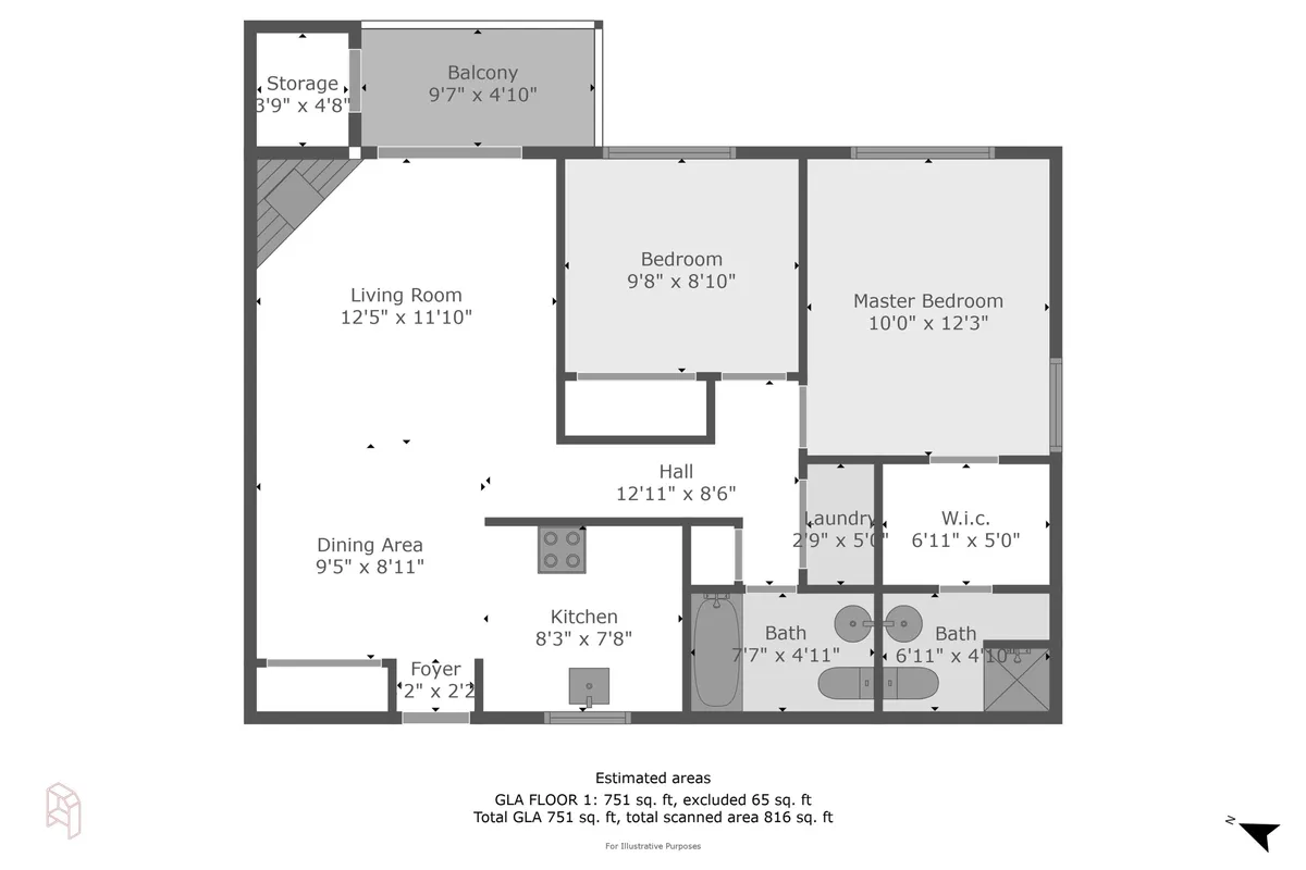 A broad view highlighting the living room, master bedroom, balcony, kitchen, and dining area. The balcony offers a glimpse of the outdoors, suggesting opportunities to enjoy mountain air after a day exploring downtown, while the open living spaces reflect comfort and flexibility for guests.